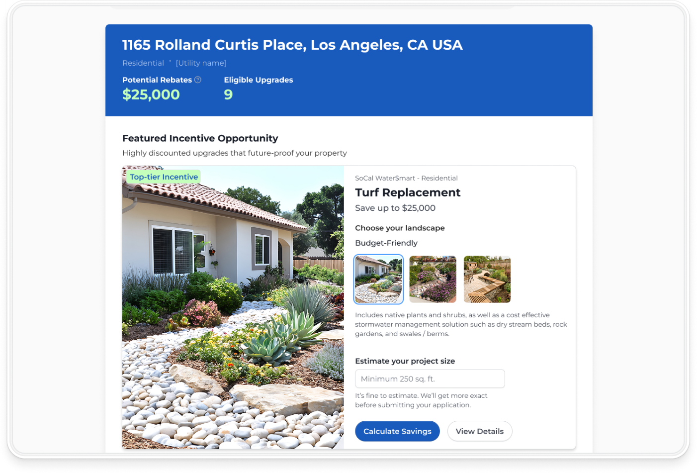 Rainplan property detail showing eligible incentives, turf replacement options, and savings calculator